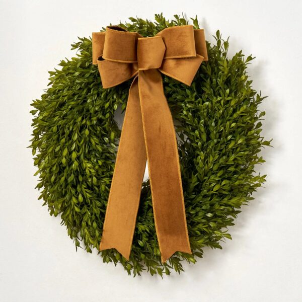 Close-up of blooms and berries on this Lifelike English Boxwood Leaf Christmas 5 Holiday Bow