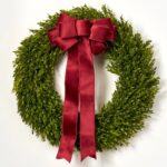Realistic English Boxwood Leaf Christmas Wreath 24 inch with 5 Holiday Bow Options