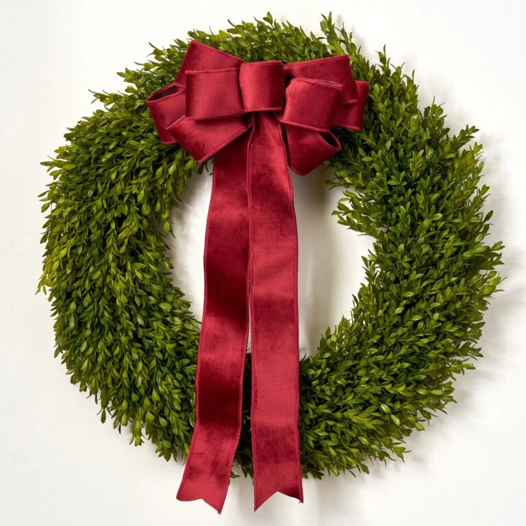 Lifelike English Boxwood Leaf Christmas Wreath 24 inch with 5 Holiday Bow Options
