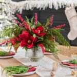 Holiday Elegance - Real Touch Red Magnolia, Norfolk Pine, Crystal Cut Vase Centerpiece - Green
