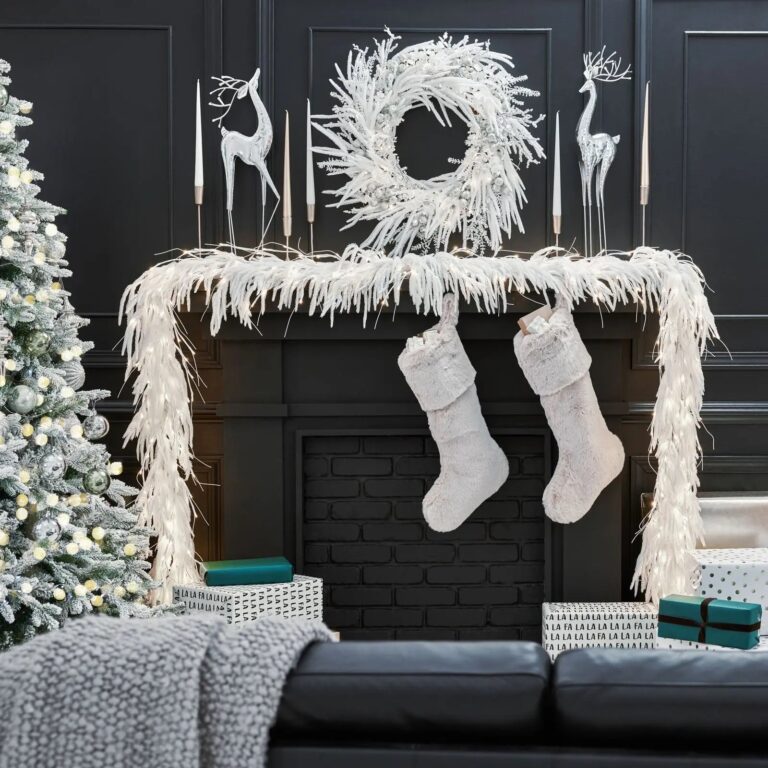 All Aglow - Pre - Lit White Norfolk Pine Christmas Mantel Garland Winter Table Runner