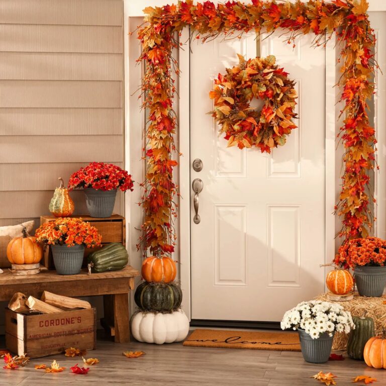 Close-up of blooms and berries on this Autumn's Splendor - Maple Leaf, Grass Fall Wreath