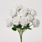White Silk Rose Bloom Bush Spray Faux Floral Stem Bouquet - 18 inch