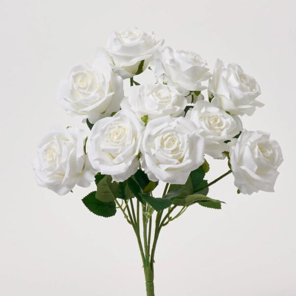 White Silk Rose Bloom Bush Spray Faux Floral Stem Bouquet - 18 inch