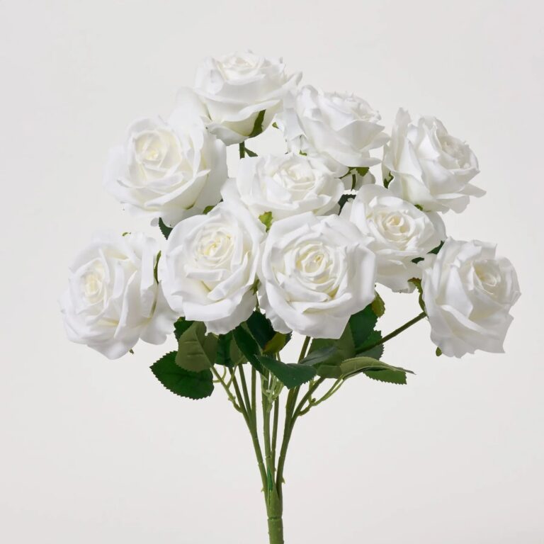 White Silk Rose Bloom Bush Spray Faux Floral Stem Bouquet - 18 inch