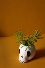 Close-up of leaf foliage texture on this Ceramic Skeleton Skull Planter Pot Skeleton Skull Planter