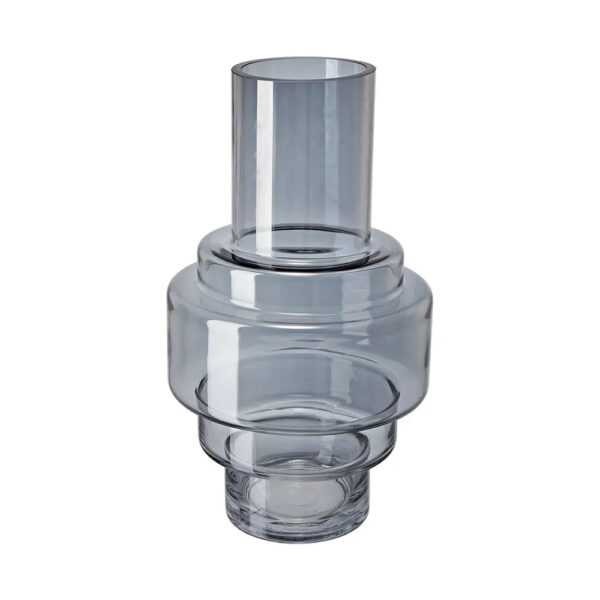 Close-up of vase silhouette detail on this Tiered Modern Fluted Stacked Smoke Large Glass Vase