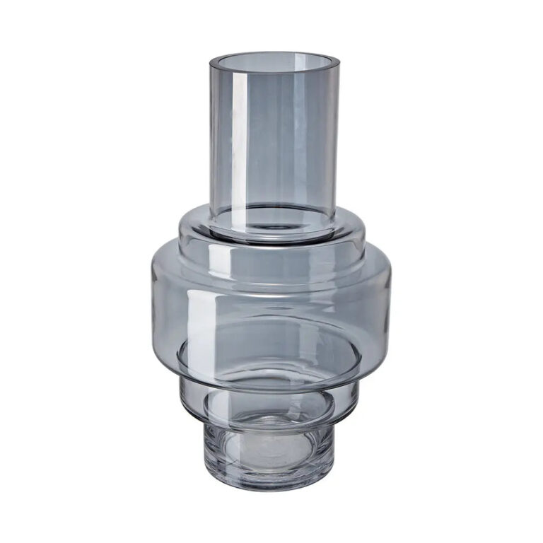 Close-up of vase silhouette detail on this Tiered Modern Fluted Stacked Smoke Large Glass Vase