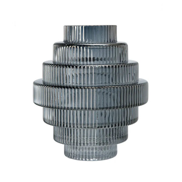 Close-up of vase silhouette detail on this Multi - Tiered Geometric Smoke Fluted Glass Vase