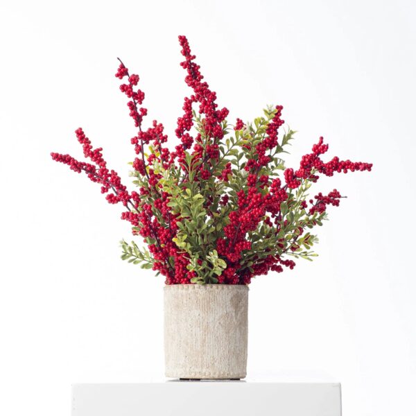 Red Holiday Berries and Boxwood Christmas Arrangement in Stoneware Pot