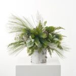 Mixed Winter Greenery and Pinecone Rustic Arrangement in White Birch Cylinder - Green and White