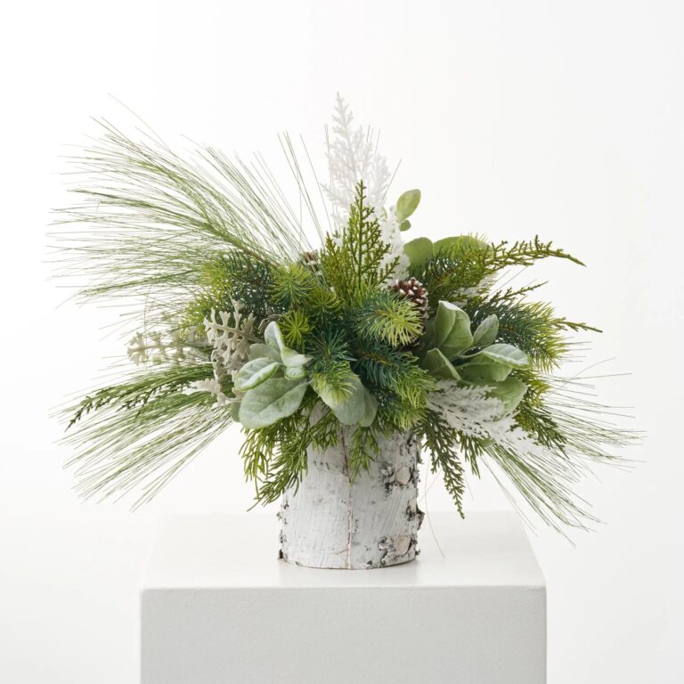 Mixed Winter Greenery and Pinecone Rustic Arrangement in White Birch Cylinder - Green and White