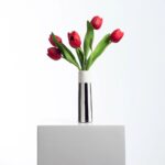Side view of the Real Touch Faux Tulip Arrangement Large Tori Vase revealing bloom arrangement
