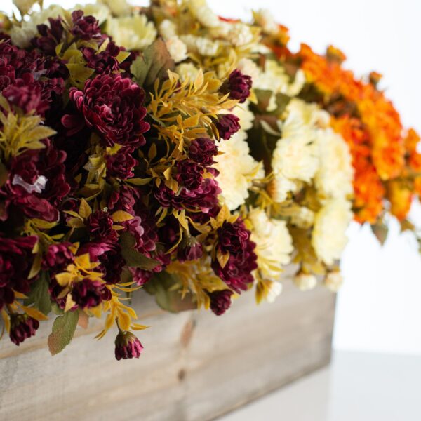 Close-up of leaf foliage texture on this Autumnal Mini Mum Fall Farmhouse Window Box Planter