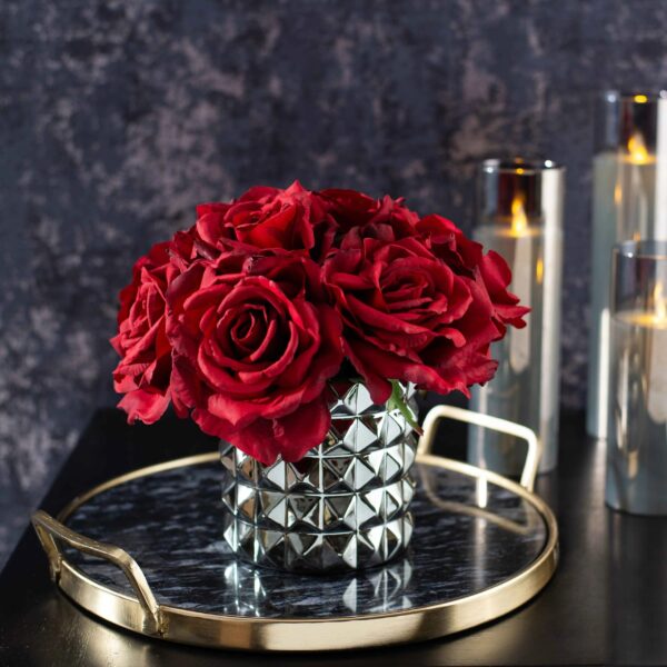 Deep Red Diana Silk Rose Valentine's Everyday Spring Faux Ceramic Gunmetal Vase - Red