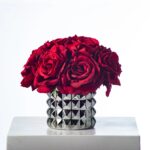 Alternate angle of the Deep Red Diana Silk Rose Ceramic Gunmetal Vase showing bloom arrangement