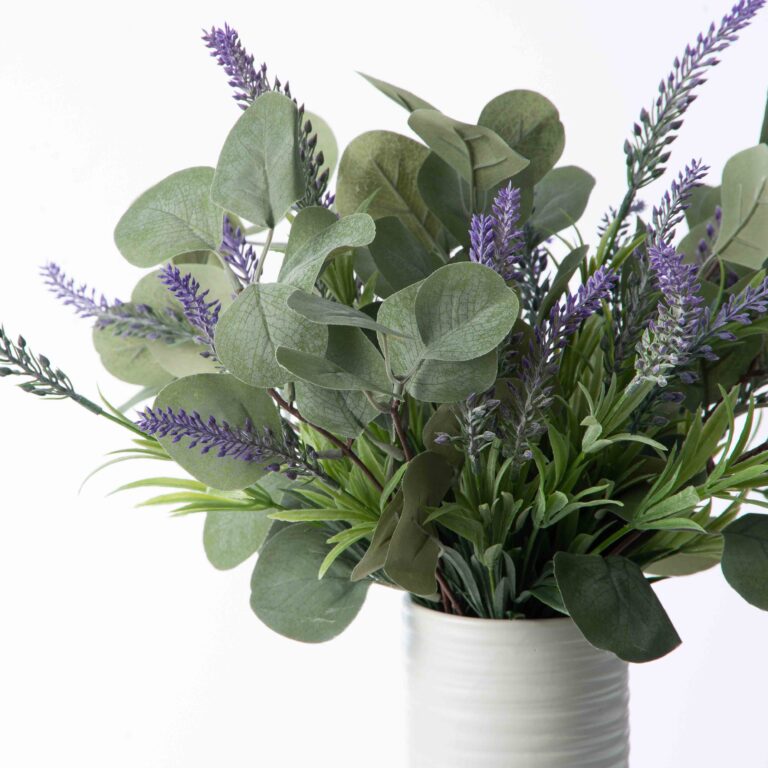 Close-up of vase silhouette detail on this Faux Lavender and Eucalyptus Bundle Seasons Everyday Arrangement