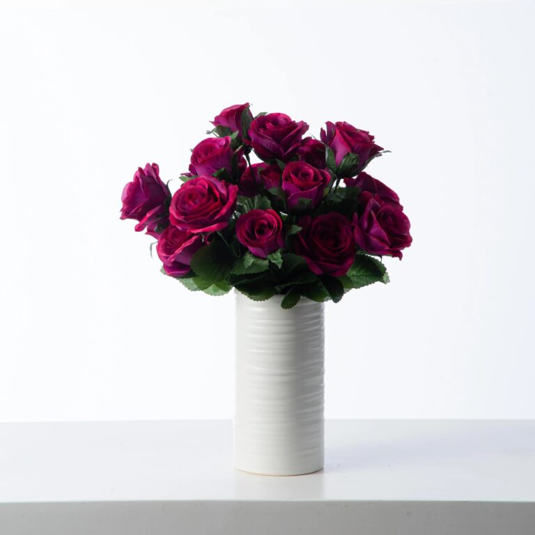 Magenta Mixed Rose and Bud Faux Silk Floral Arrangement in White Cylinder Ceramic Vase