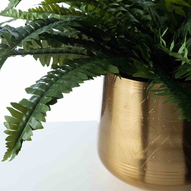 Close-up of leaf foliage texture on this Lifelike Boston Fern In Gold Etched Tulum Pot