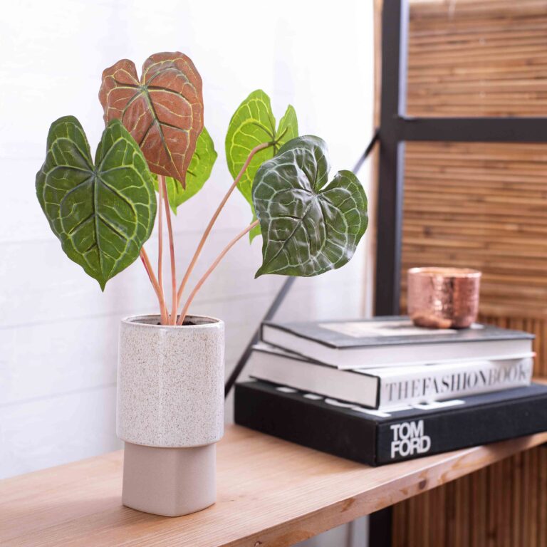 Faux Anthurium Leaves Artificial Plant in Modern Glazed Concrete Vessel - Green
