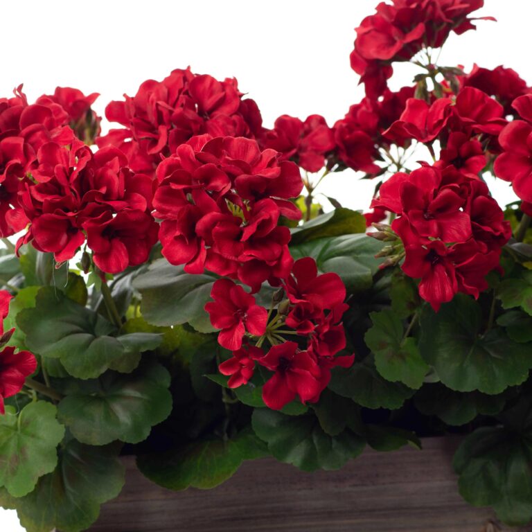 Close-up of leaf foliage texture on this Lifelike Red Geranium Faux Floral Planter Box Arrangement