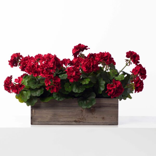 Lifelike Red Geranium Faux Floral Outdoor Summer Window Box in Wooden Planter Box Arrangement