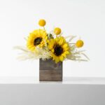 Vibrant Yellow Sunflower and Cream Astilbe Faux Floral Fall Woodland Box Planter