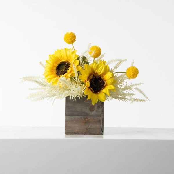 Vibrant Yellow Sunflower and Cream Astilbe Faux Floral Fall Woodland Box Planter
