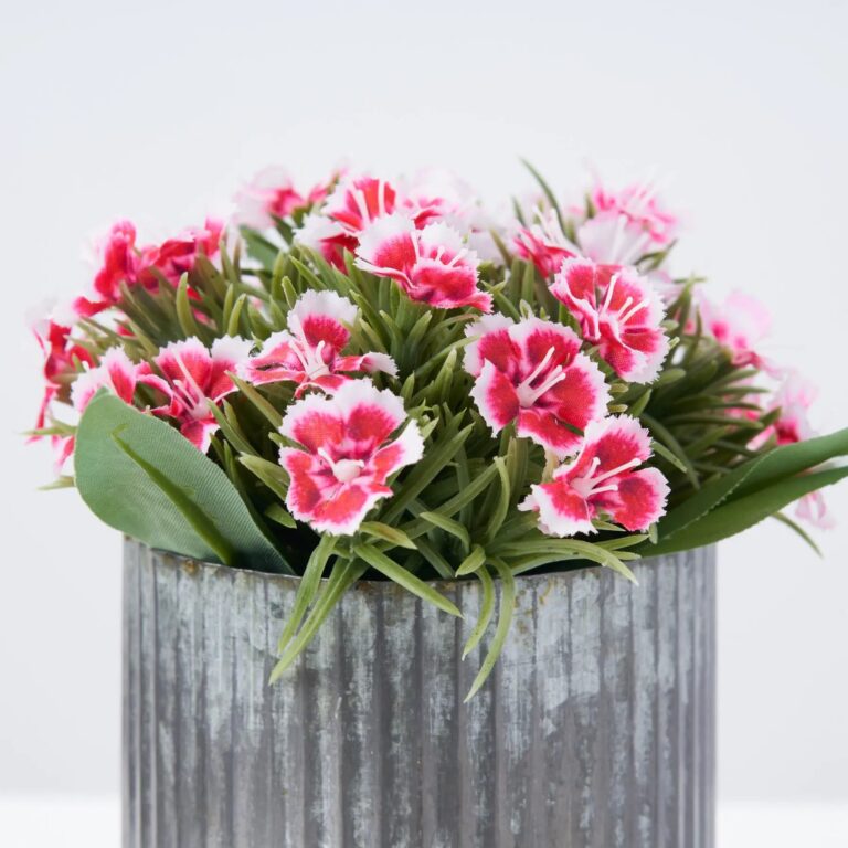 Close-up of bloom cluster detail on this Real Touch Mini Dianthus Wildflowers in Galvanized Metal