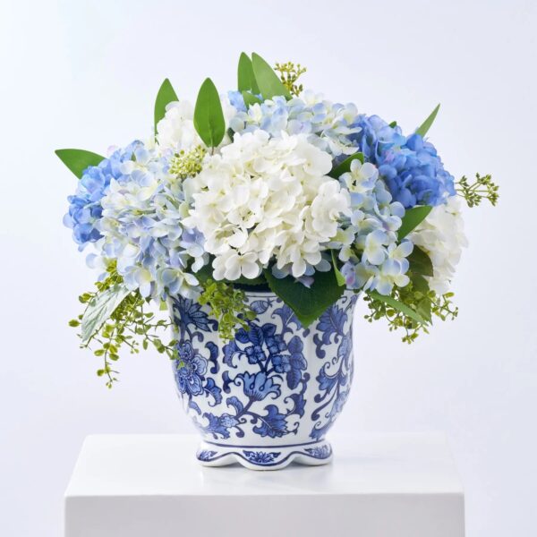 Blue and White Hydrangea Everyday Floral Arrangement Centerpiece In Porcelain Chinoiserie Jardiniere Pot - Blue