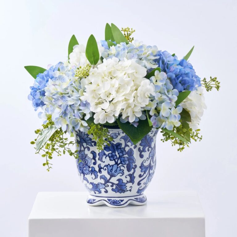 Blue and White Hydrangea Everyday Floral Arrangement Centerpiece In Porcelain Chinoiserie Jardiniere Pot - Blue