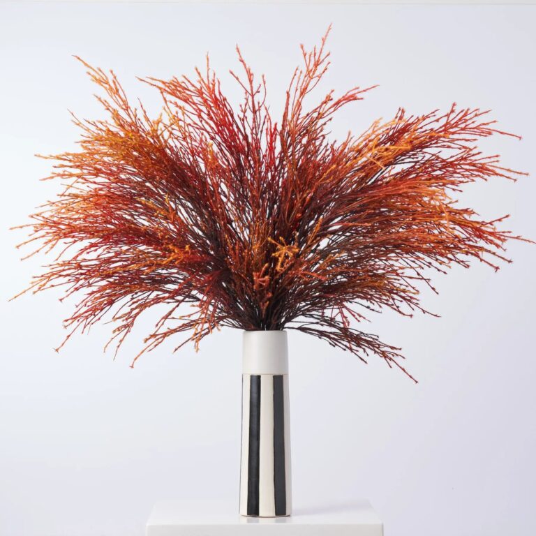 Fiery Pampas Plumes - Orange Yellow Ombre Fountain Grass White Column Vase - Orange