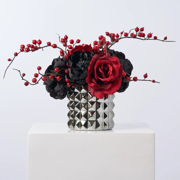 Gothic Romance - Black Magic Hydrangea, Peony and Red Pyramid Spine Vase - Black