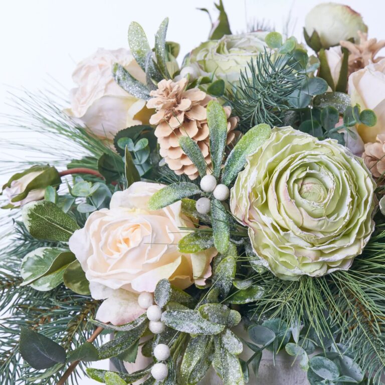 Close-up of bloom cluster detail on this Winter Whisper - Frosted Mistletoe Holiday Christmas Arrangement