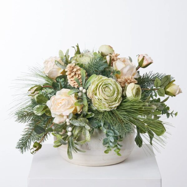 Winter Whisper - Frosted Mistletoe Berry, Rose and Dried Holiday Christmas Arrangement in Wood Bowl
