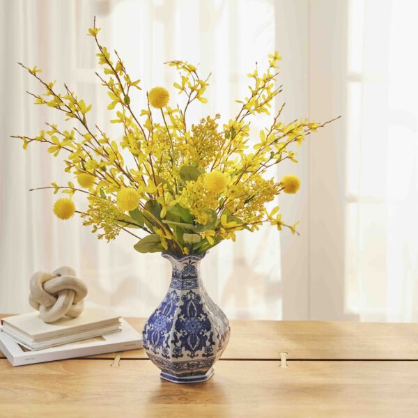 Let the Sunshine In - Yellow Forsythia Branches and Billy Balls In Chinoiserie Style Vase