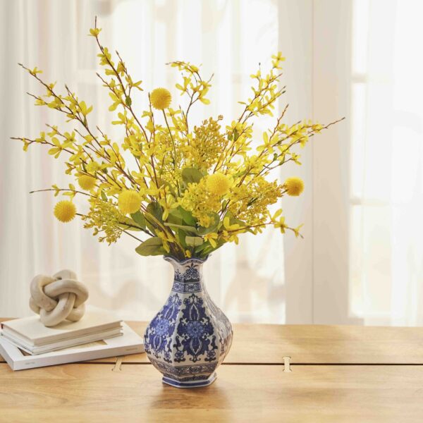 Let the Sunshine In - Yellow Forsythia Branches and Billy Balls In Chinoiserie Style Vase