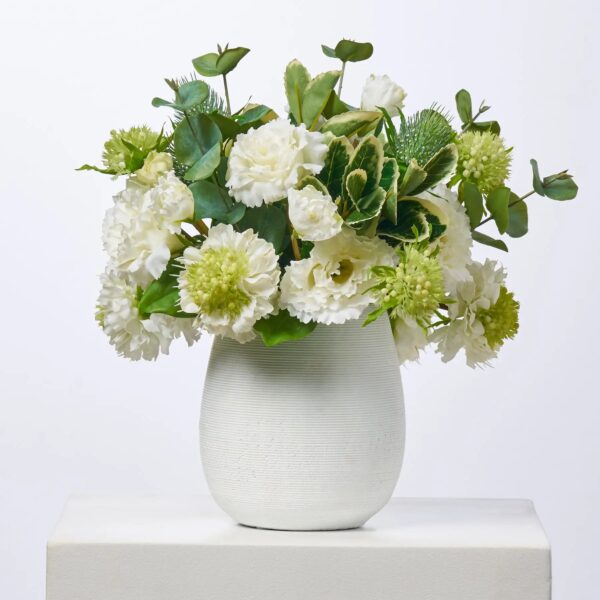 Real Touch Green and White Scabiosa, Lisianthus, Thistle Everyday Greenery in Horizontal Groove Cement Vase