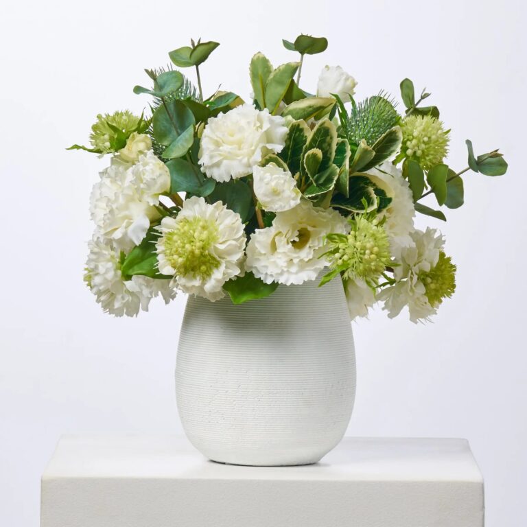 Real Touch Green and White Scabiosa, Lisianthus, Thistle Everyday Greenery in Horizontal Groove Cement Vase