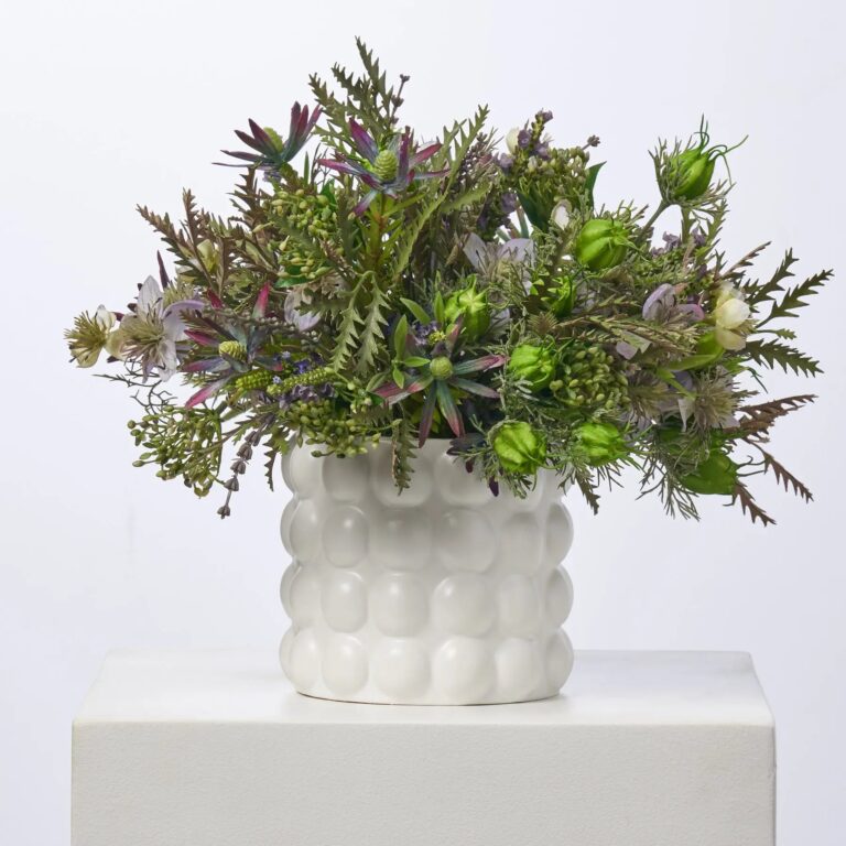 Lavender and Purple Thistle Blooming Spring Arrangement in Bubble Pot