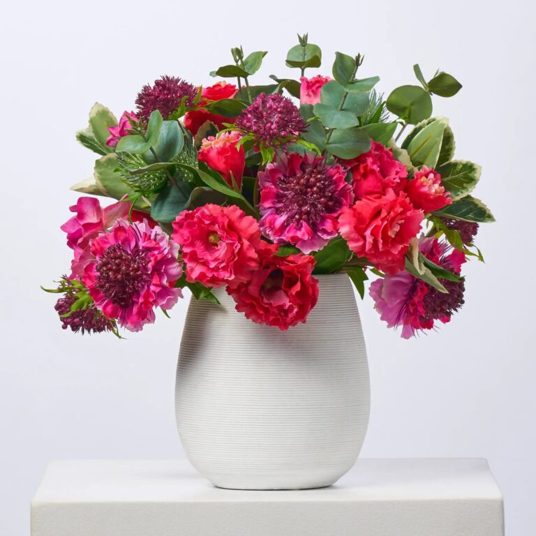 Real Touch Fuchsia Scabiosa, Lisianthus and Thistle Spring Arrangement in Horizontal Groove Cement Vase