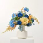 Blue Oblivion - Zinnia, Ranunculus and Chrysanthemum All Seasons Long Neck Vase - Blue