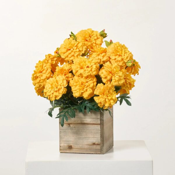Faux Marigold Blooms Arrangement in Small Planter Box - Available In 4 Colors