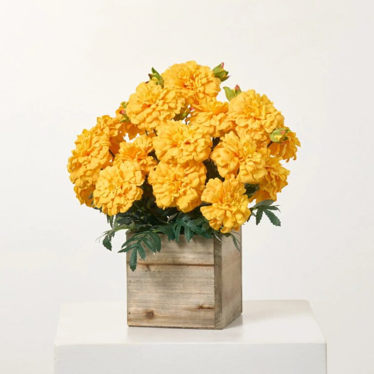 Faux Marigold Blooms Arrangement in Small Planter Box - Available In 4 Colors