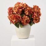 Close-up of bloom cluster detail on this Faux Autumn Hydrangea Bush Foliage Front Porch Arrangement