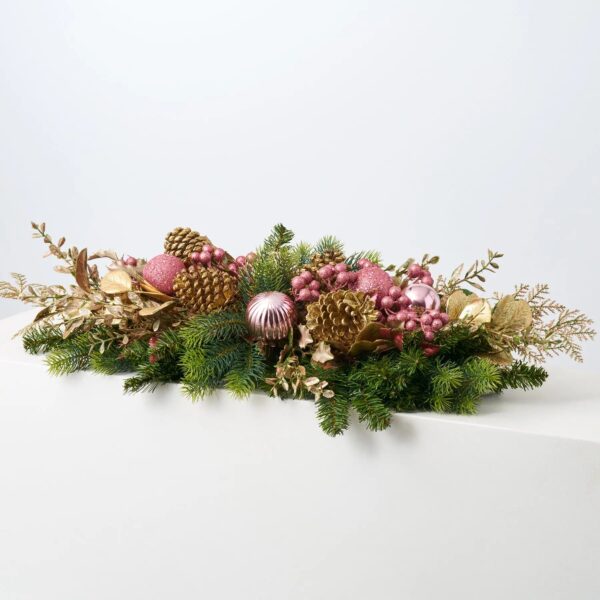 Mixed Pine and Pink Ornament Ball Christmas Centerpiece Arrangement Holiday Table Swag - Pink and