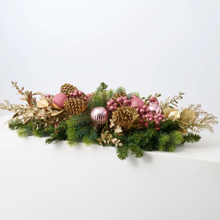 Mixed Pine and Pink Ornament Ball Christmas Centerpiece Arrangement Holiday Table Swag - Pink and