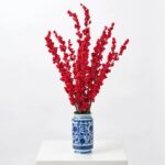 Lifelike Red Ilex Berry Spray in Small Blue Holiday Christmas Arrangement