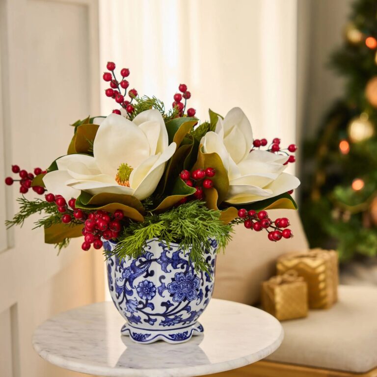 Holiday Chic - Real Touch White Magnolia Blooms, Cedar Jardiance Bowl Vase