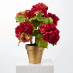 Potted Red Silk Hydrangea Stems Flowering Multi - Bloom Plant in Brushed Metallic Gold Pot